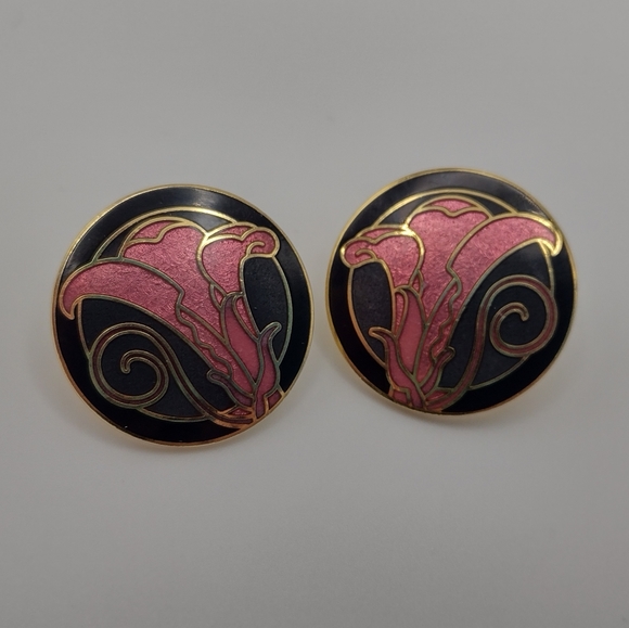 Vtg. 80s-90s Enamel Floral Earrings, Pink Lily Black Gold Tone - Picture 1 of 5